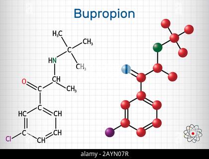 Bupropione, molecola C13H18ClNO. Viene utilizzato per il trattamento del Disturbo Depressivo Maggiore (MDD), del disturbo Affettivo Stagionale (SAD), della cessazione del fumo. Illustrazione Vettoriale