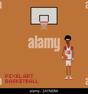 Pixel ART Style giovane nero uomo basket giocatore in uniforme bianco e rosso che tiene una palla e baskboard Illustrazione Vettoriale
