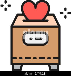 Box con donazioni, San Valentino, beneficenza, volontariato linea colore icona. Illustrazione Vettoriale