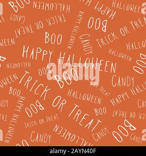 Lettere a mano di Halloween. Motivo di ripetizione senza cuciture scritto a mano bianco su sfondo arancione. Sfondo. Vettore. Illustrazione Vettoriale