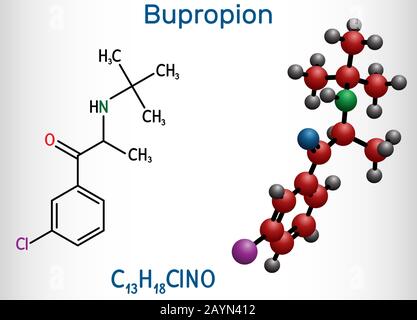 Bupropione, molecola C13H18ClNO. Viene utilizzato per il trattamento del Disturbo Depressivo Maggiore (MDD), del disturbo Affettivo Stagionale (SAD), della cessazione del fumo. Illustrazione Vettoriale