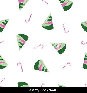 Astratto rosa e verde alberi di natale e bastoni caramella su sfondo bianco. Schema di ripetizione continuo per le vacanze di natale. Sfondo. Illustrazione Vettoriale