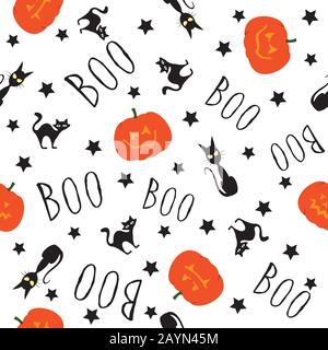 Halloween pomkins, gatti e stelle senza cuciture pattern.Funny affronta Halloween pomkins. Vacanze autunnali ottobre. Handlettering, scritto a mano Boo. Illustrazione Vettoriale