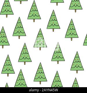 Semplice, doodle verde alberi di natale su sfondo bianco. Senza cuciture, ripetere il modello di vacanza di natale. Per l'avvolgimento, la carta da parati e altre decorazioni. Illustrazione Vettoriale