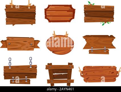 Cartoon tavole di legno segni e banner di legno marrone. Tavola di legno Plank, cartoons disegno bordo segno telai isolati illustrazione vettore Illustrazione Vettoriale