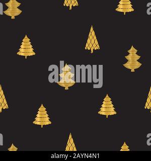 Alberi di natale dorati su sfondo nero. Ripetizione continua. Perfetto per il design di carta da imballaggio, sfondo e nobile, elegante decorazione invernale. Illustrazione Vettoriale