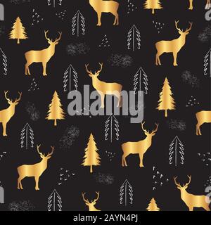 Cute Golden Deer fuoco alberi e punti bianchi su sfondo nero. Motivo di natale senza cuciture per stampa, disegno tessile o carta. Vettore. Illustrazione Vettoriale