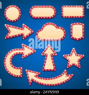 Cornice cinematografica vintage con lampadine o cartelli retro Vegas. Luci elettriche bordo segno, freccia e nuvola isolato vettore set Illustrazione Vettoriale