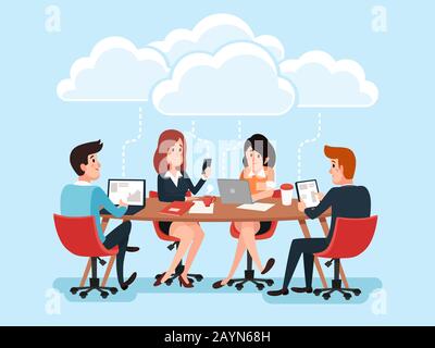 Team aziendale che utilizza computer portatili, persone aziendali che condividono documenti d'ufficio, chat virtuale conferenza sulla tecnologia cloud cartoni animati personaggi vettoriali Illustrazione Vettoriale