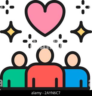 Persone con forma del cuore, donazioni, volontariato, icona della linea di colore amichevole. Illustrazione Vettoriale