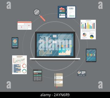 Progettazione piatta di audit, analisi, dati, contabilità, pianificazione, gestione, ricerca, calcolo, reporting, project management, processo fiscale. Illustrazione Vettoriale