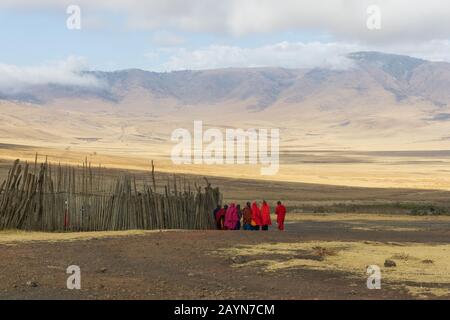 Ngorongoro, TANZANIA - 16 AGOSTO 2019: Paesaggio con un gruppo di uomini Maasai nella savana al tramonto in Tanzania Africa Foto Stock