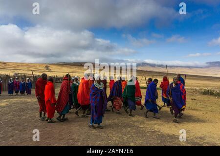 Ngorongoro, TANZANIA - 16 AGOSTO 2019: Gli uomini Masai in abiti colorati eseguono una danza rituale Foto Stock