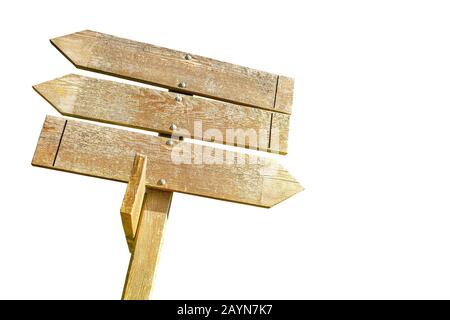 Cartello in legno in bianco, isolato su sfondo bianco Foto Stock