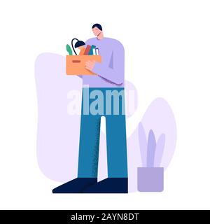 Infelice cartone animato maschile che tiene la scatola con le cose dopo il licenziamento Illustrazione Vettoriale