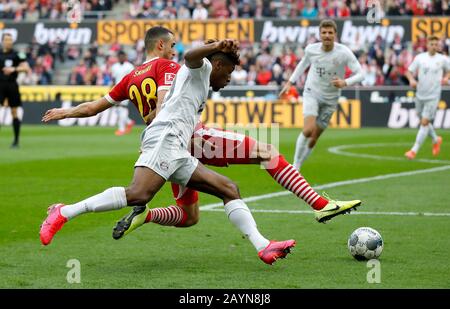 Koeln, Germania, RheinEnergieStadion, 16th Feb 2020: Ellyes Shkiri di Koeln sfida Kingsley Coman di Muenchen durante la prima partita della Bundesliga 1.FC Koeln contro FC Bayern Muenchen nella stagione 2019/2020. Le normative DFL vietano l'uso di fotografie come sequenze di immagini e/o quasi-video. Credit: Mika Volkmann/Alamy Live News Foto Stock