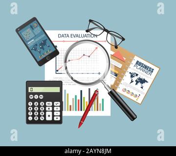 Progettazione piatta di audit, analisi, dati, contabilità, pianificazione, gestione, ricerca, calcolo, reporting, project management, processo fiscale. Illustrazione Vettoriale