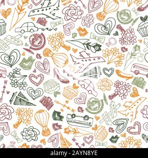 Vettore bianco luna di miele avventura doodle mano disegnato ripetere modello. Adatto per velentine, matrimoni, biglietti da visita con tema avventura. Illustrazione Vettoriale