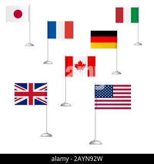 Bandiere dei paesi dei sette grandi, isolate su sfondo bianco, illustrazione vettoriale. Illustrazione Vettoriale