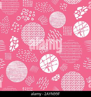 L'arte creativa del doodle con le forme e le trame differenti. Ripetizione senza giunture con elementi geometrici. Collage con cerchi, strisce e punti. Illustrazione Vettoriale