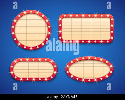 Retro cinema o teatro luci tendone banner. Cartelloni classici vintage Hollywood con lampade. Set di vettori di segni di fotogrammi isolati Illustrazione Vettoriale