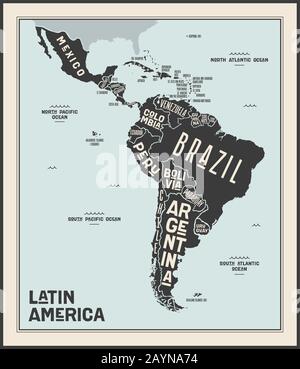 Mappa America Latina. Poster mappa dell'America Latina Illustrazione Vettoriale