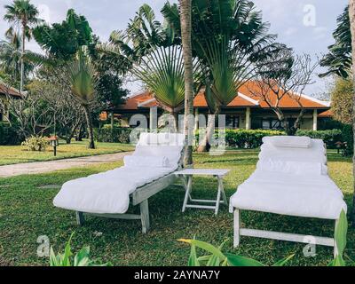 Bungalows in piedi tra vegetazione tropicale, circondato da palme. Un luogo dove rilassarsi e meditare. Rilassatevi in un paradiso tropicale Foto Stock