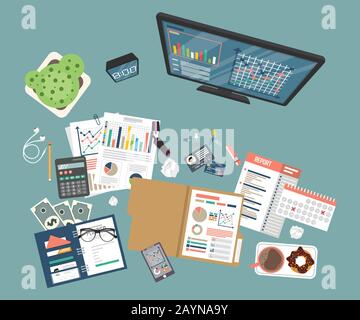 Progettazione piatta di audit, analisi, dati, contabilità, pianificazione, gestione, ricerca, calcolo, reporting, project management, processo fiscale. Illustrazione Vettoriale