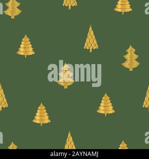 Gold alberi di natale su sfondo verde scuro. Ripetizione continua. Perfetto per il design di carta da imballaggio, sfondo e nobile, elegante vacanza invernale. Illustrazione Vettoriale
