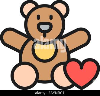 Giocattolo dell'orso, donazione ai bambini, icona della linea di colore piatta di carità. Illustrazione Vettoriale