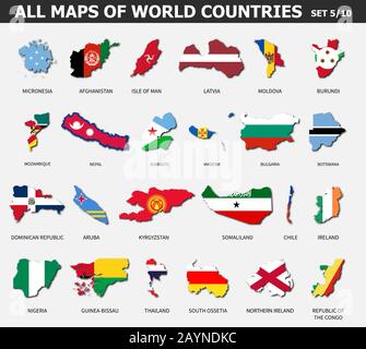 Tutte le mappe dei paesi e delle bandiere del mondo . Set 5 di 10 . Raccolta della forma di contorno della mappa internazionale del paese con ombra . Design piatto . Vettore . Illustrazione Vettoriale