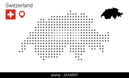Mappa svizzera punteggiata su sfondo bianco con bandiera e pin. Illustrazione per disegno di fotoricettore o infographics. File vettoriale in eps 10 modificabile e scalabile Illustrazione Vettoriale