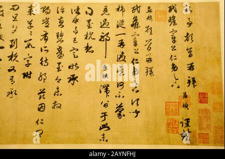 Calligraphy dal 1257 in una mostra al Museo di Shanghai, un museo di arte cinese antica, situato sulla Piazza del Popolo nel quartiere di Huangpu Foto Stock