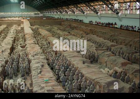 Panoramica dell'Armata di Terracotta nel Museo dei Guerrieri e dei cavalli di Terracotta, che espone la collezione di sculture in terracotta raffiguranti il Th Foto Stock