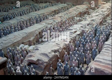 Panoramica dell'Armata di Terracotta nel Museo dei Guerrieri e dei cavalli di Terracotta, che espone la collezione di sculture in terracotta raffiguranti il Th Foto Stock