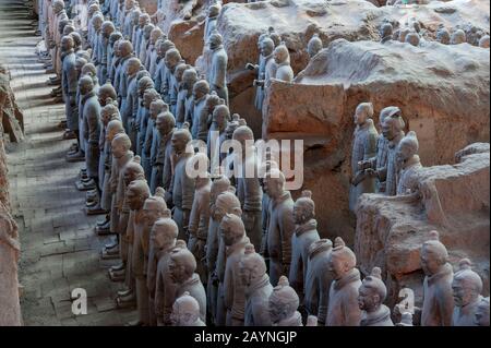 Panoramica dell'Armata di Terracotta nel Museo dei Guerrieri e dei cavalli di Terracotta, che espone la collezione di sculture in terracotta raffiguranti il Th Foto Stock