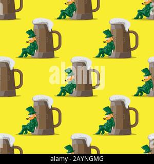 Modello senza cuciture di un leprechaun che spinge una tazza gigante di birra in legno su uno sfondo giallo. Immagine vettoriale Illustrazione Vettoriale
