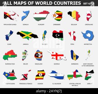 Tutte le mappe dei paesi e delle bandiere del mondo . Set 6 di 10 . Raccolta della forma di contorno della mappa internazionale del paese con ombra . Design piatto . Vettore . Illustrazione Vettoriale