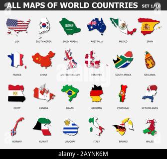 Tutte le mappe dei paesi e delle bandiere del mondo . Set 1 di 10 . Raccolta della forma di contorno della mappa internazionale del paese con ombra . Design piatto . Vettore . Illustrazione Vettoriale