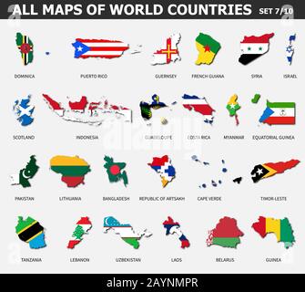 Tutte le mappe dei paesi e delle bandiere del mondo . Set 7 di 10 . Raccolta della forma di contorno della mappa internazionale del paese con ombra . Design piatto . Vettore . Illustrazione Vettoriale