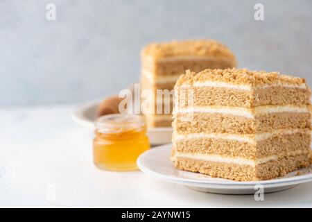 Torta A Strati Medovik, Torta Al Miele Russa Square Slice. Vista Primo Piano, Orizzontale, Copia Spazio. Dolce Torta Di Strato Con Crema Di Miele Foto Stock