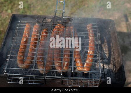 Salsicce alla griglia in gioco. Un picnic in natura al tramonto. Foto Stock