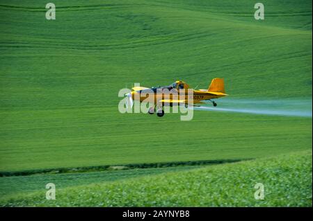 Aereo Crop Duster che vola sul campo vicino a Pullman nel Palouse, nello stato orientale di Washington, Stati Uniti. Foto Stock