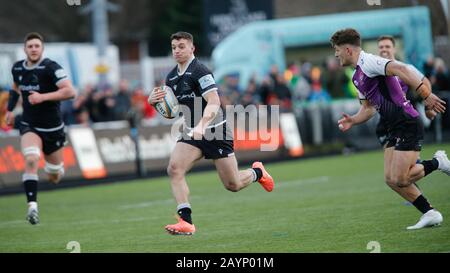 Newcastle, Regno Unito. 15th gennaio 2019. Newcastle UPON TYNE, INGHILTERRA - FEBBRAIO 16TH Adam Radwan di Newcastle Falcons sul rampage durante la partita Greene King IPA Championship tra Newcastle Falcons e Cornish Pirates a Kingston Park, Newcastle Domenica 16th Febbraio 2020. (Credit: Chris Lishman | Mi News) Credit: Mi News & Sport /Alamy Live News Foto Stock