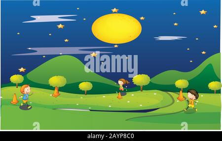 i bambini giocano in giardino nel cielo notturno Illustrazione Vettoriale