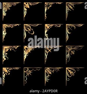 Grande set di angoli vettoriali in oro su sfondo nero Illustrazione Vettoriale