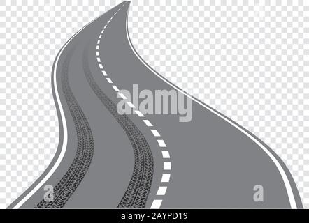Strada tortuosa vettoriale con tracce di tracce di pneumatici isolate su fondo trasparente. Illustrazione Vettoriale