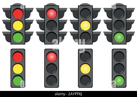 Le icone dell'interfaccia del semaforo sono isolate su sfondo bianco. Illustrazione Vettoriale