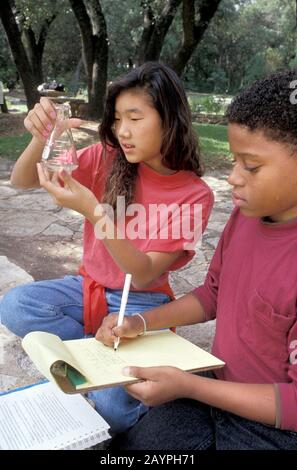 Austin, Texas USA: Gli studenti di settima classe prendono un campione d'acqua dal laghetto nel parco per un progetto di classe scientifica. ©Bob Daemmrich Foto Stock