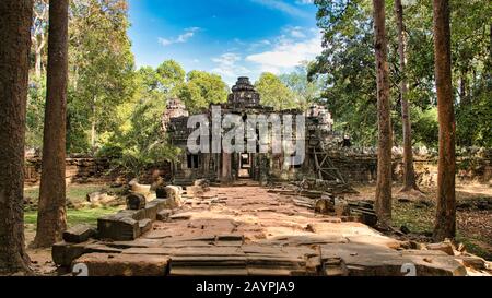 Sito del tempio di Preah Khan tra le antiche rovine del complesso del tempio indù di Angkor Wat a Siem Reap, Cambogia, costruito nel 12th secolo per il re Jayavarma Foto Stock